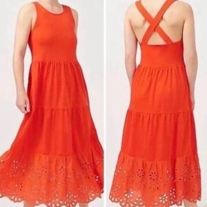 J.Crew Tiered Maxi Knit Eyelet Orange Racerback Summer Dress Women's Size XS